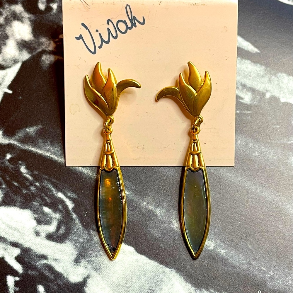 Vintage 90s Vivah Gold Tone with Opalescent Dangle Deadstock, Pierced Earrings